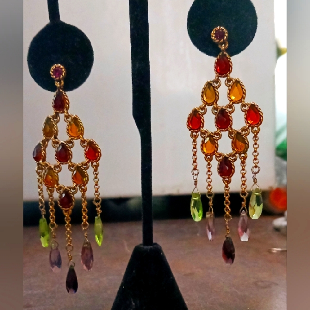 Vintage chandelier style, gold-tone gem style stud earrings. Gorgeous on